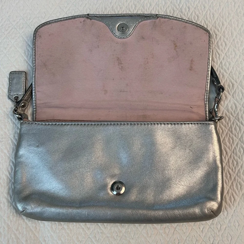 COACH Ashley Leather Wristlet Metallic Silver